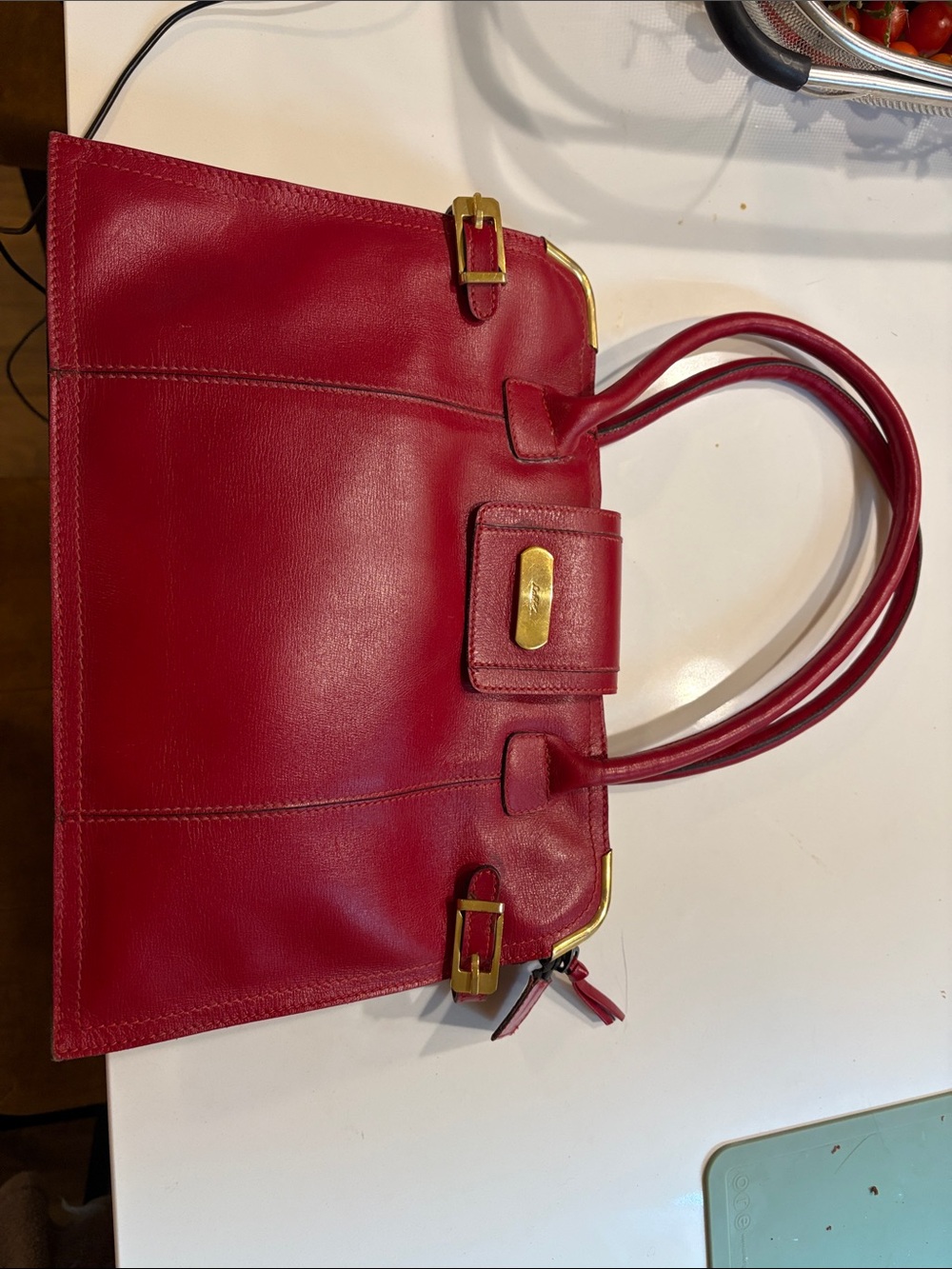 Red Leather Tote Bag with Gold Hardware